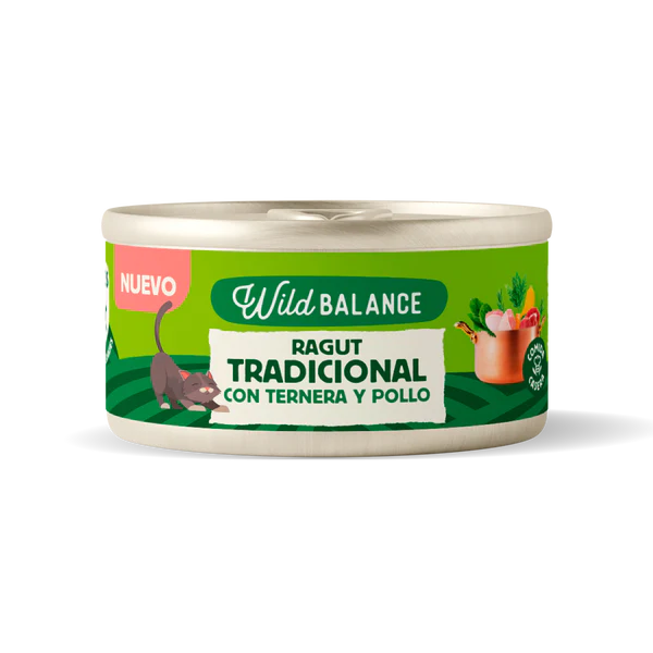 Lata de ragut tradicional de ternera, cerdo  y pollo para gatos - Wild Balance